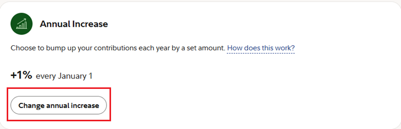 An image of the Fidelity site's DEPAUL 403B Contributions tab highlighting the Change annual increase button.